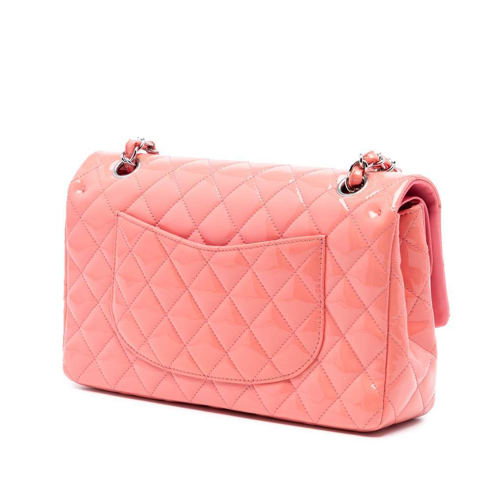 Chanel Medium Classic Patent Double Flap Pink Leather Good - Back View