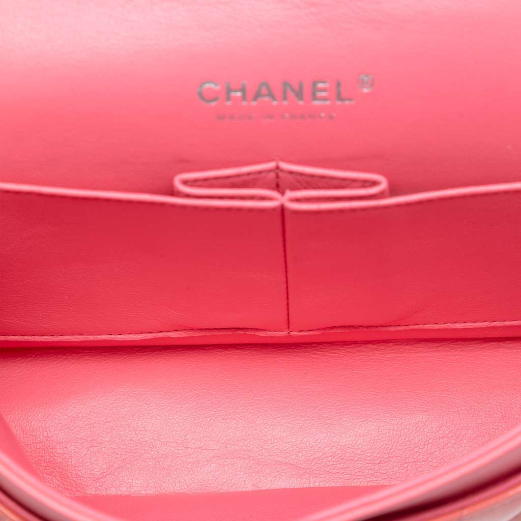 Chanel Medium Classic Patent Double Flap Pink Leather Good - Model View