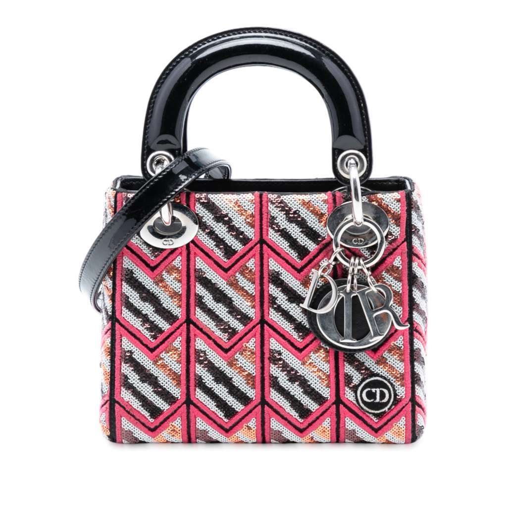 Dior Mini Patent Sequined Lady Dior Pink Leather Very good - Front View
