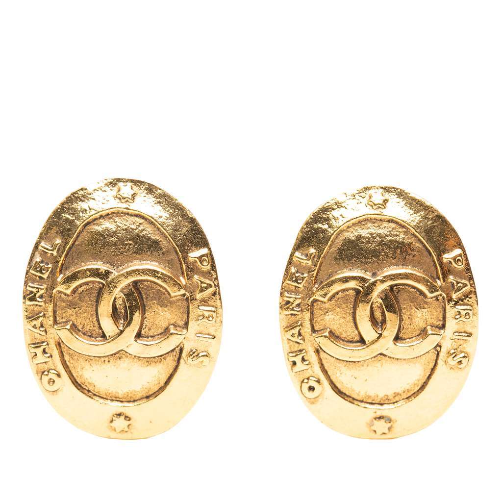 Chanel CC Gold Plated Logo Oval Clip On Earrings Gold Metal Very good - Front View
