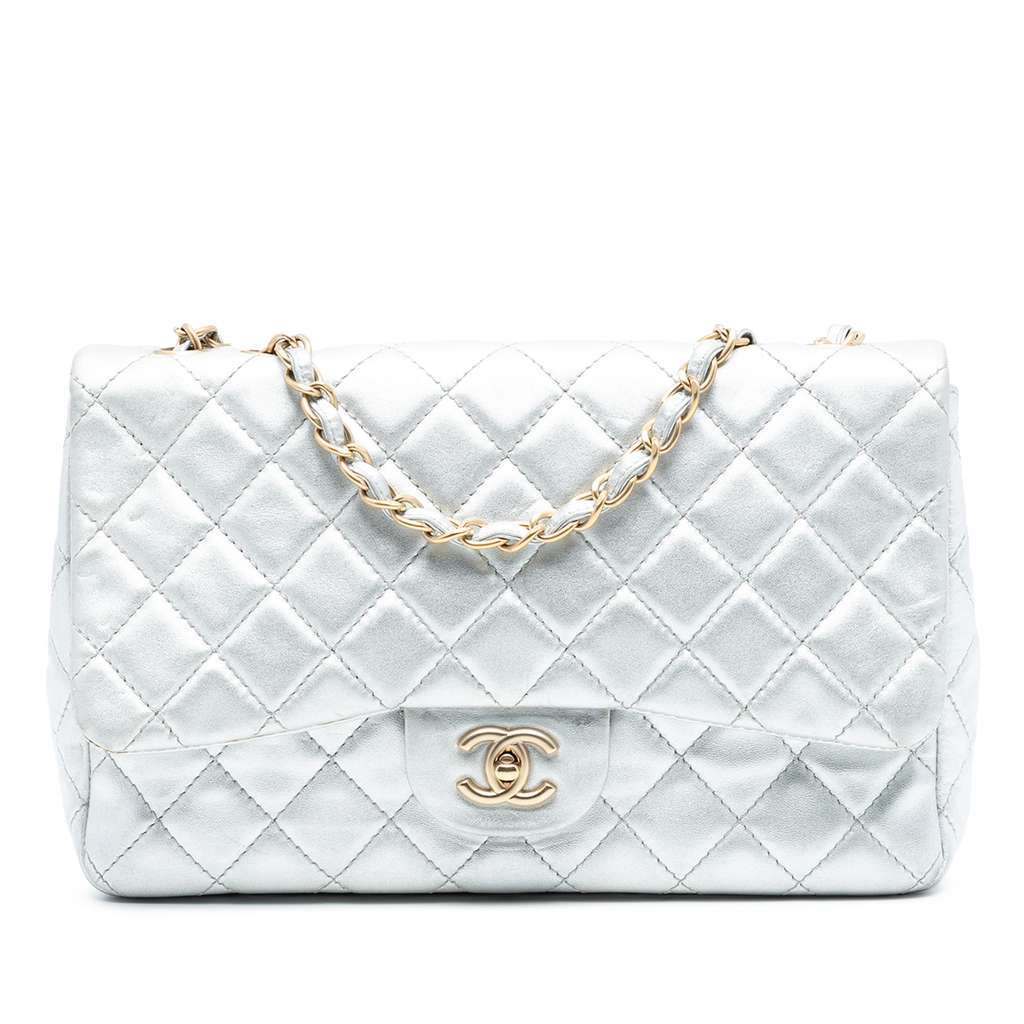 Chanel Jumbo Classic Metallic Lambskin Single Flap Silver Leather Very good condition - Front View