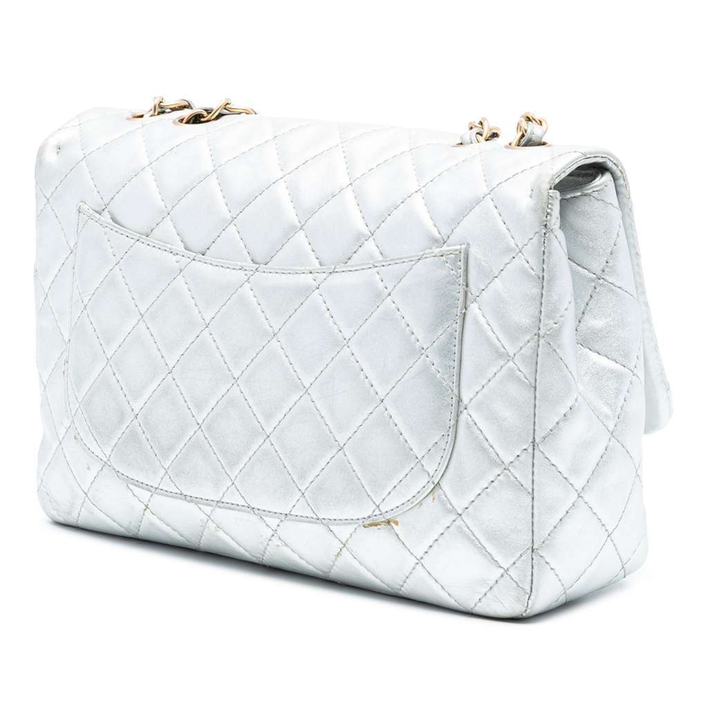 Chanel Jumbo Classic Metallic Lambskin Single Flap Silver Leather Very good condition - Back View