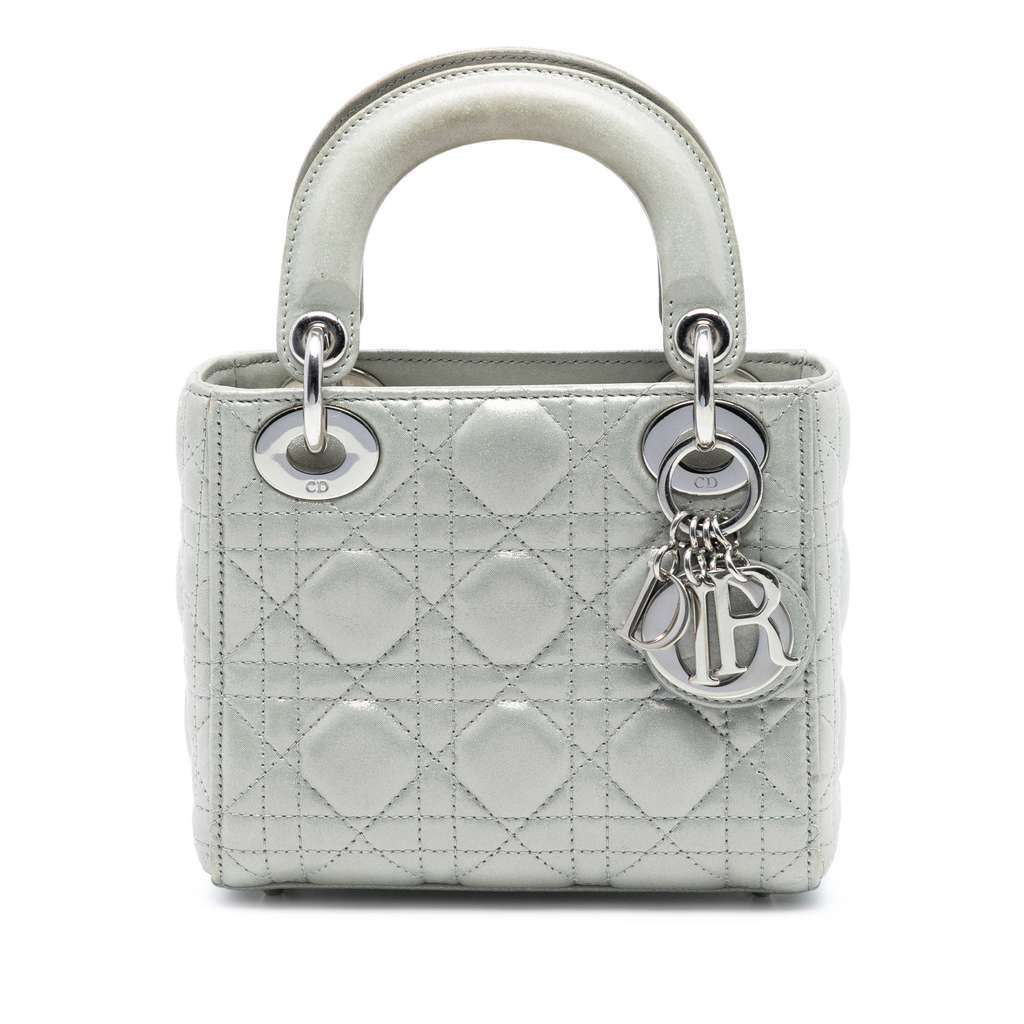 Dior Mini Iridescent Lambskin Cannage Lady Dior Silver Leather Very good condition - Front View