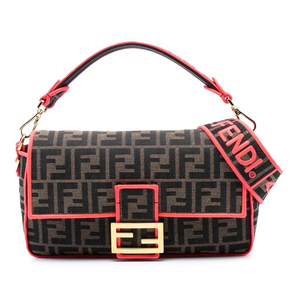 Fendi Medium Zucca Canvas Fluo Trim Baguette Satchel Brown Canvas Very good condition - Front View