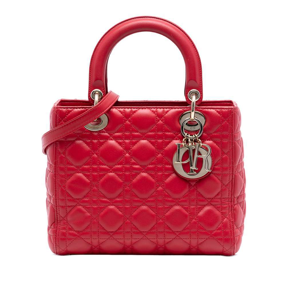 Dior Medium Lambskin Cannage Lady Dior Red Leather Good condition - Front View