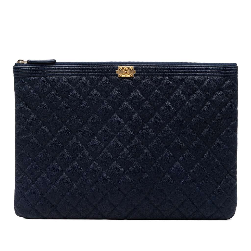 Chanel Large Quilted Caviar Boy O Case Clutch Blue Leather Good - Front View