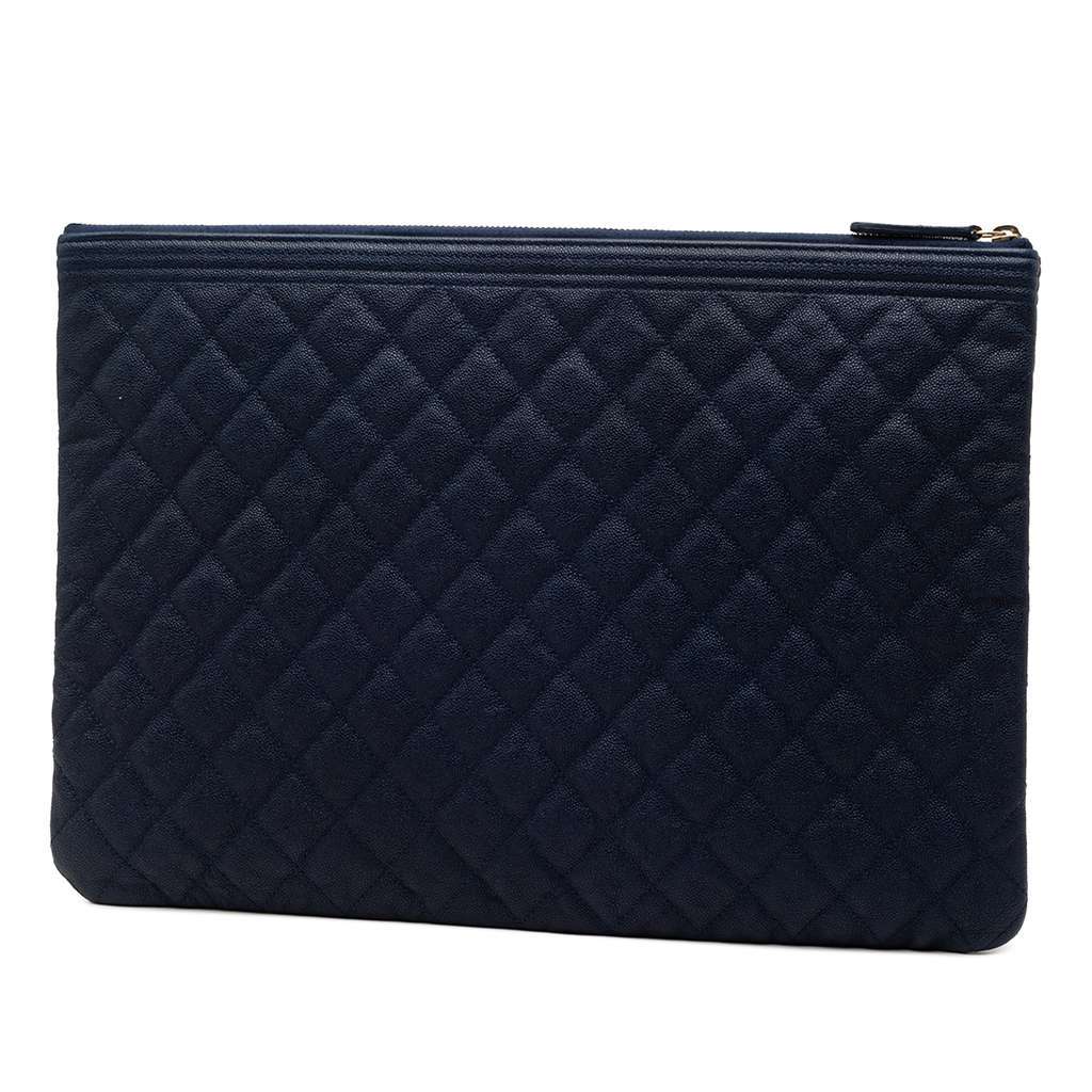 Chanel Large Quilted Caviar Boy O Case Clutch Blue Leather Good - Back View