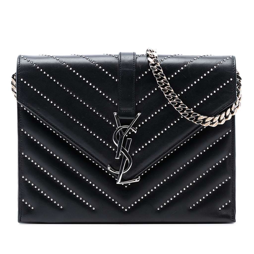 Saint Laurent Studded Chevron Calfskin Monogram Envelope Chain Flap Black Leather Very good - Front View