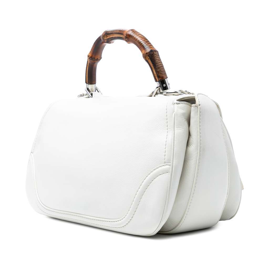 Gucci Large Pebbled Calfskin New Bamboo Top Handle Bag White Leather Good - Back View