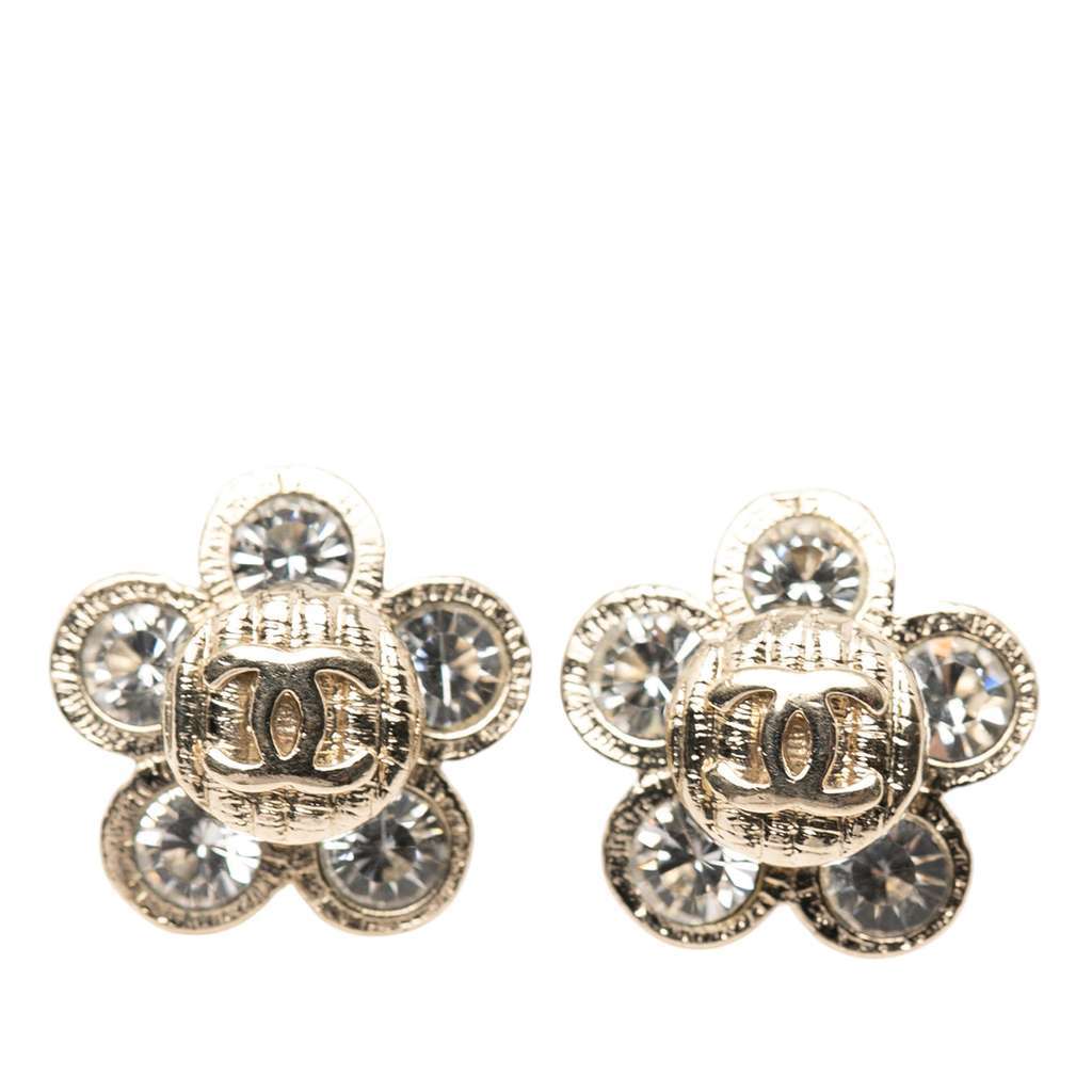 Chanel Gold Plated CC Crystal Floral Push Back Earrings Gold Metal Very good - Front View
