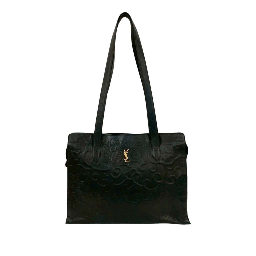 Saint Laurent Arabesque Embossed Leather Tote Black Leather Good - Front View