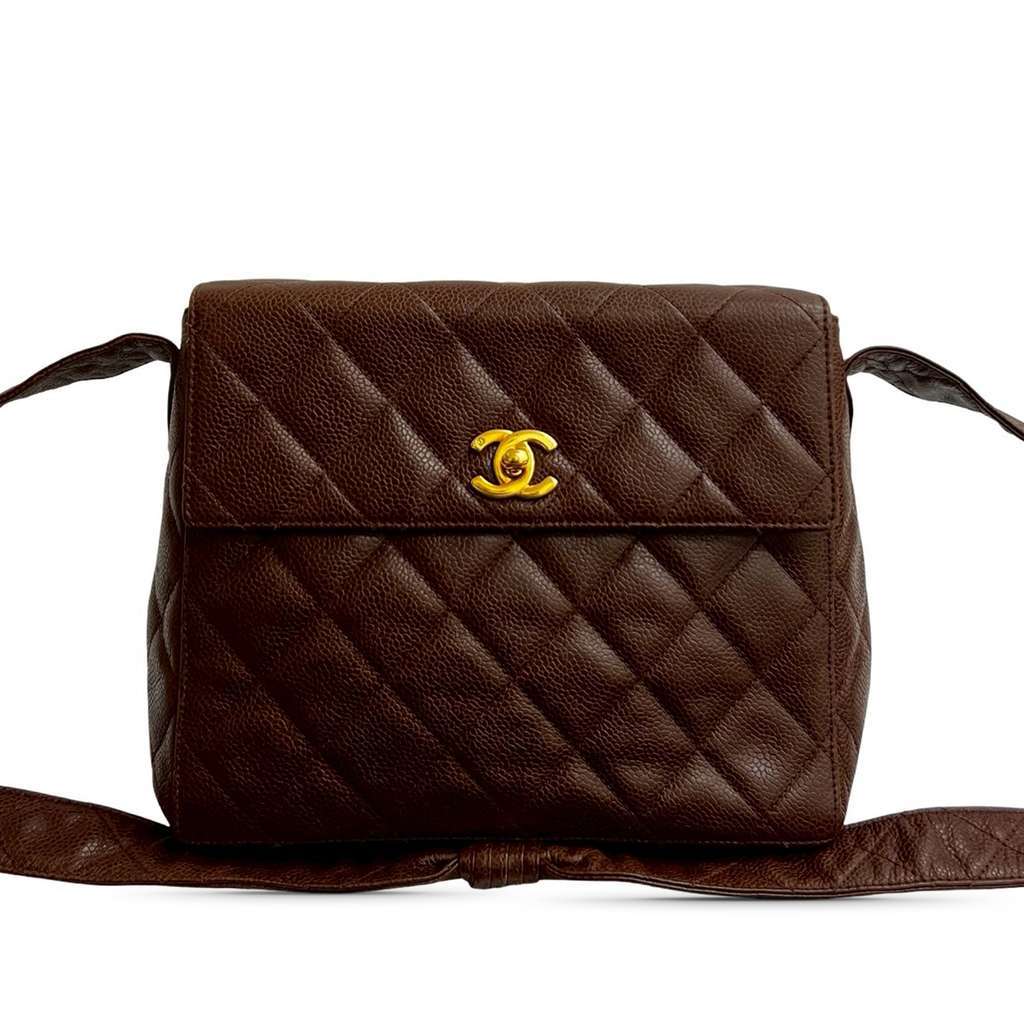 Chanel CC Quilted Caviar Turnlock Crossbody Brown Leather Good - Front View