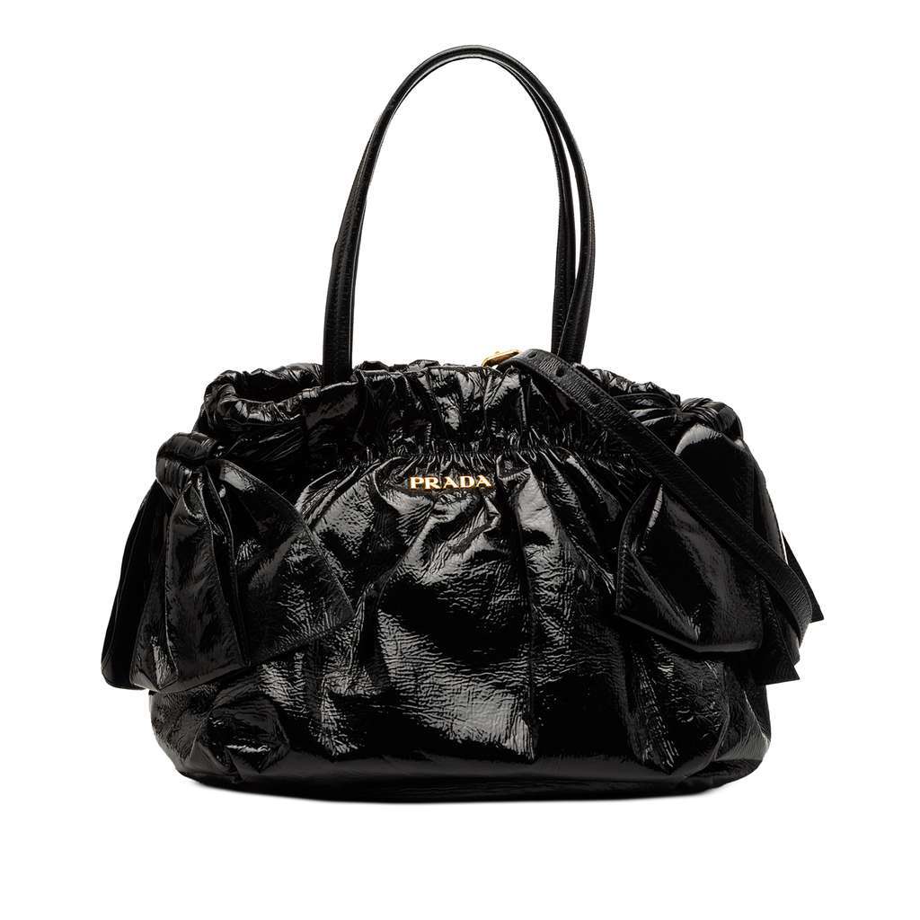 Prada Vernice Gaufre Bow Satchel Black Leather Good - Front View