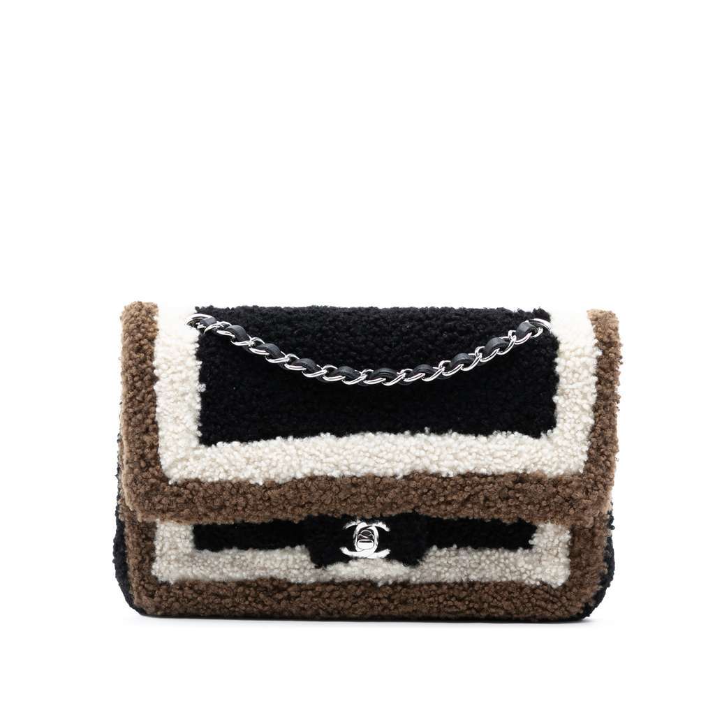 Chanel Medium Classic Tricolor Shearling Double Flap Black Very good - Front View