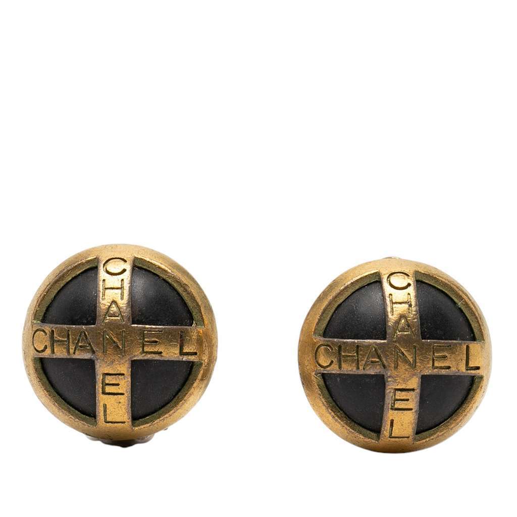 Chanel Gold Plated and Acrylic Logo Round Button Clip On Earrings Gold Metal Very good - Front View