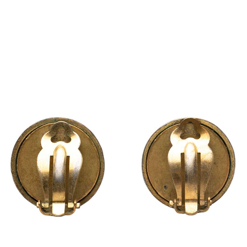 Chanel Gold Plated and Acrylic Logo Round Button Clip On Earrings Gold Metal Very good - Back View