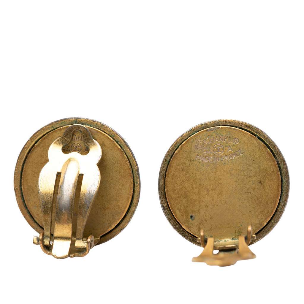 Chanel Gold Plated and Acrylic Logo Round Button Clip On Earrings Gold Metal Very good - Inside View