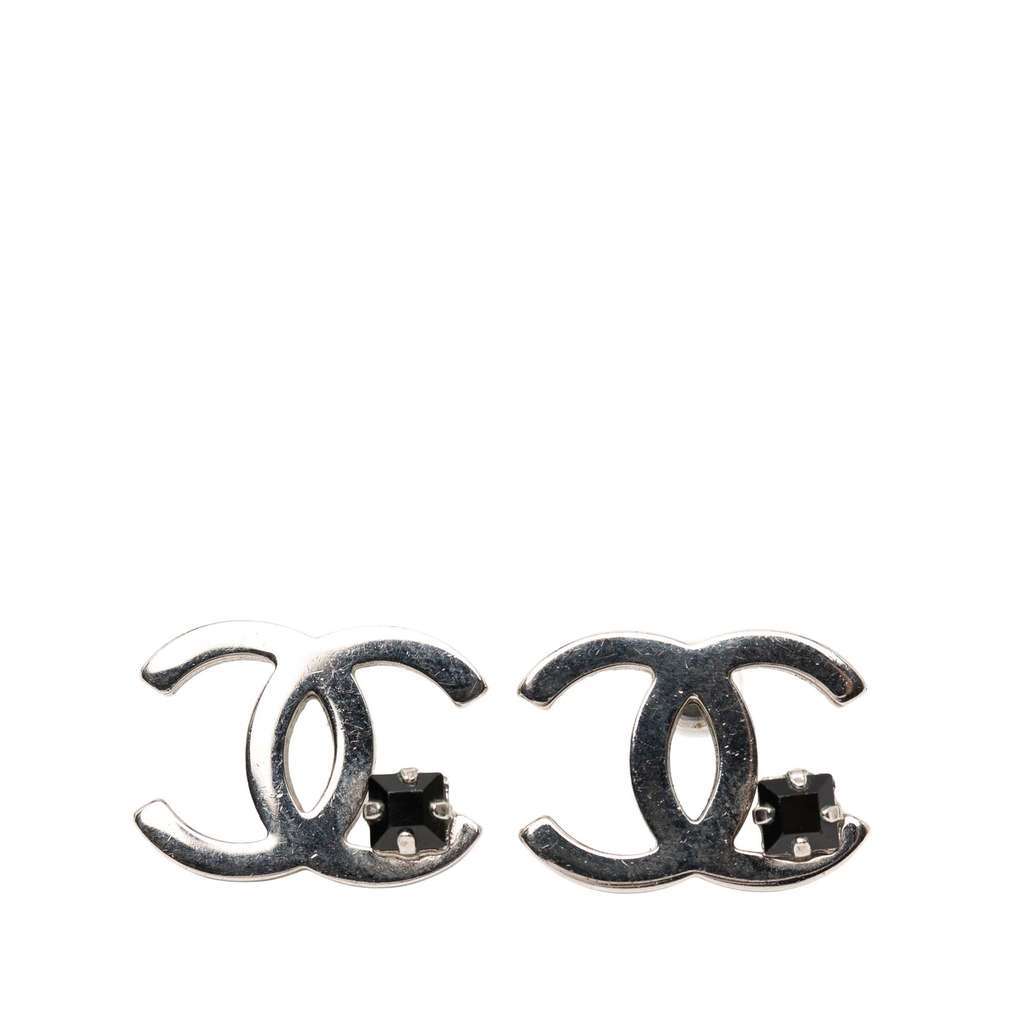 Chanel Silver Plated CC Rhinestone Push Back Earrings Silver Metal Very good - Front View