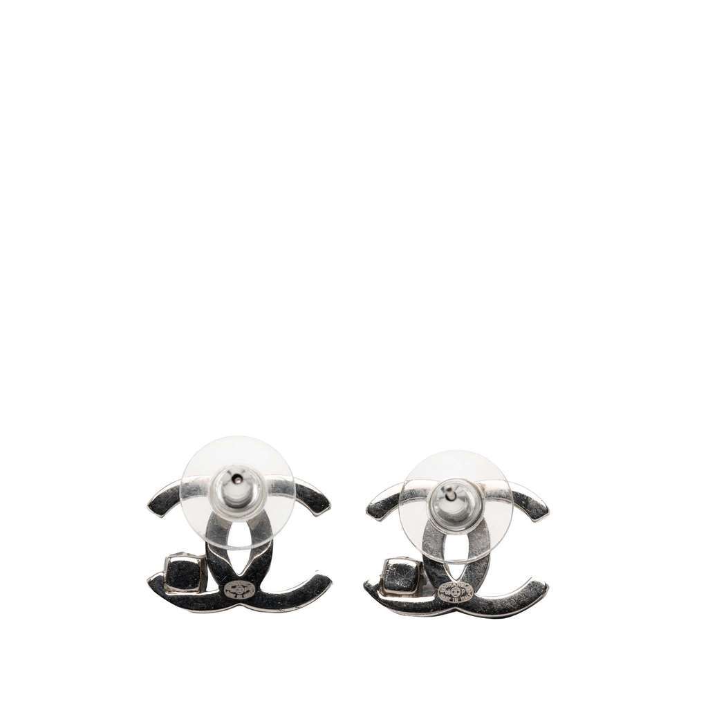 Chanel Silver Plated CC Rhinestone Push Back Earrings Silver Metal Very good - Back View