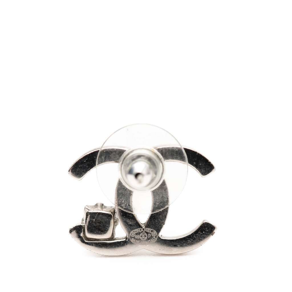 Chanel Silver Plated CC Rhinestone Push Back Earrings Silver Metal Very good - Inside View