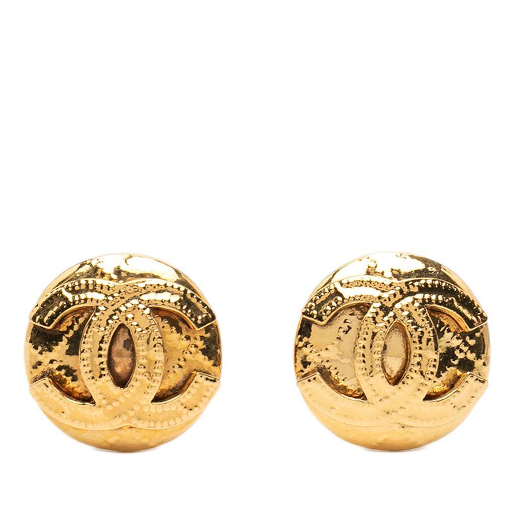 Chanel CC Gold Plated Round Clip on Earrings Gold Metal Good - Front View