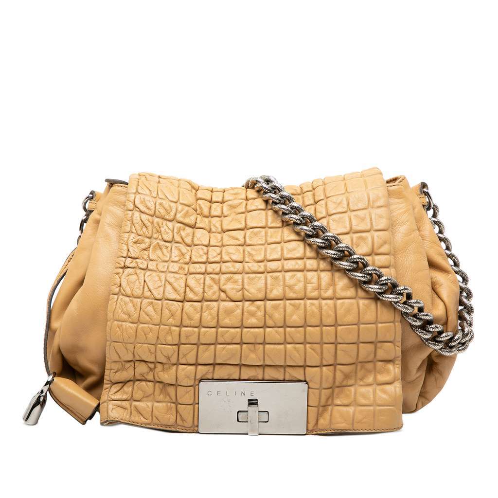 Celine Lambskin Watch Me Gauffre Flap Shoulder Bag Brown Leather Very good - Front View