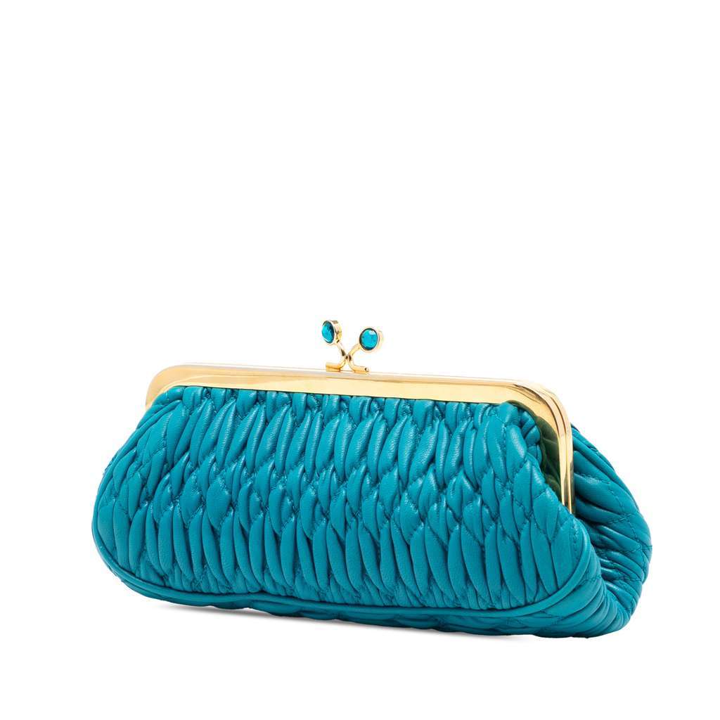 Miu Miu Matelasse Nappa Kiss Lock Frame Clutch Blue Leather Very good condition - Back View