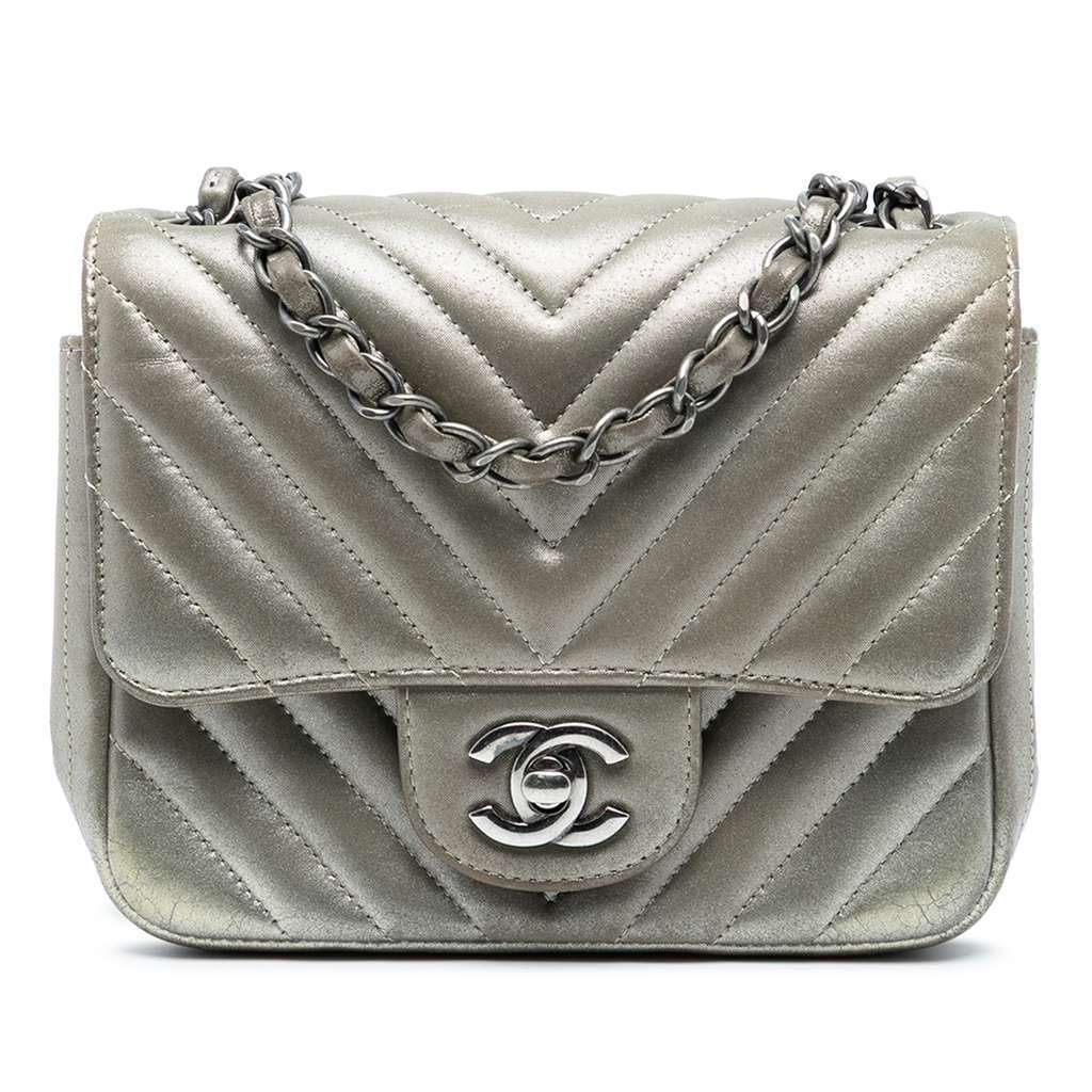Chanel Mini Square Classic Chevron Iridescent Calfskin Single Flap Silver Leather Very good - Front View