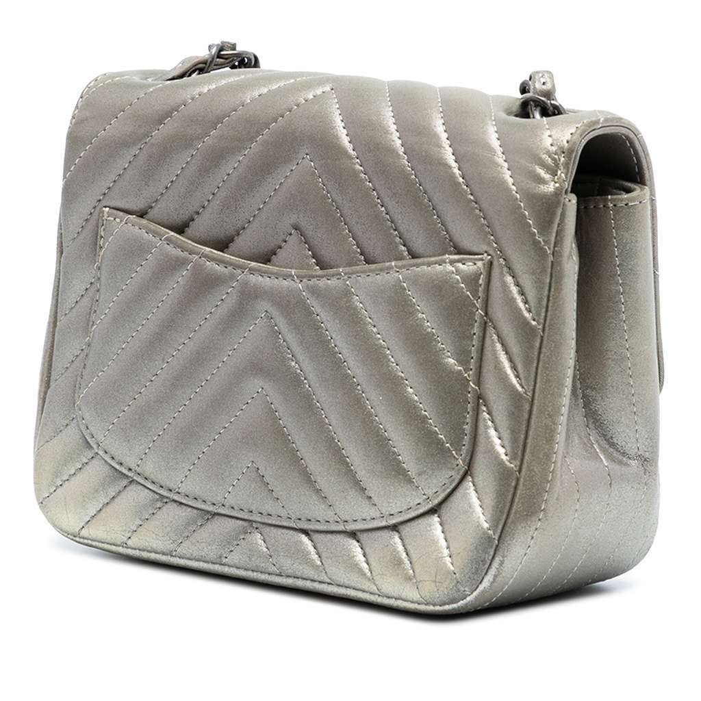 Chanel Mini Square Classic Chevron Iridescent Calfskin Single Flap Silver Leather Very good - Back View