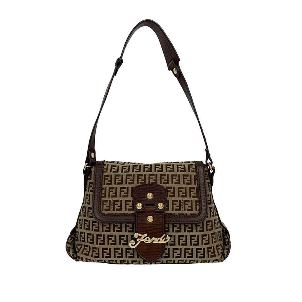 Fendi Zucchino Canvas Flap Shoulder Bag Brown Canvas Good - Front View
