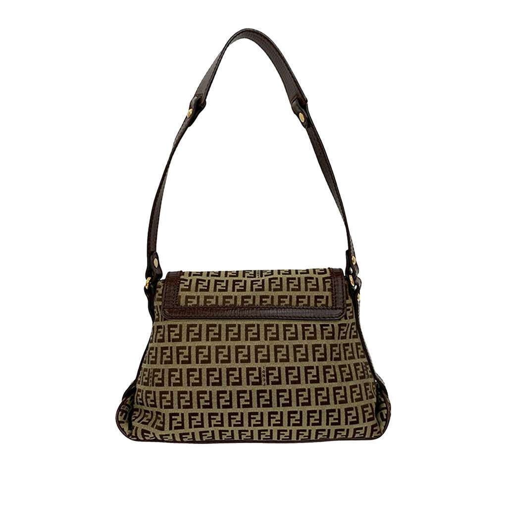 Fendi Zucchino Canvas Flap Shoulder Bag Brown Canvas Good - Back View