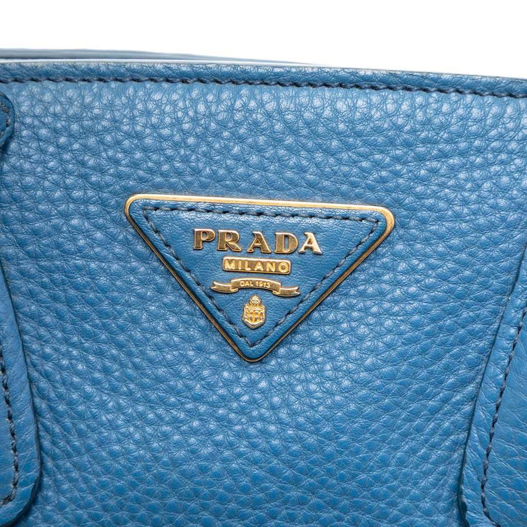 Prada Vitello Daino Front Pocket Open Convertible Tote Blue Leather Very good condition - Box View