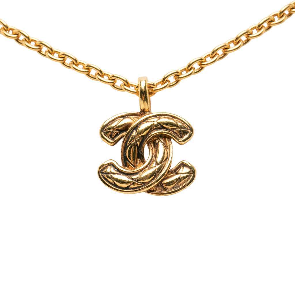 Chanel Gold Plated Quilted CC Pendant Necklace Gold Metal Very good - Back View