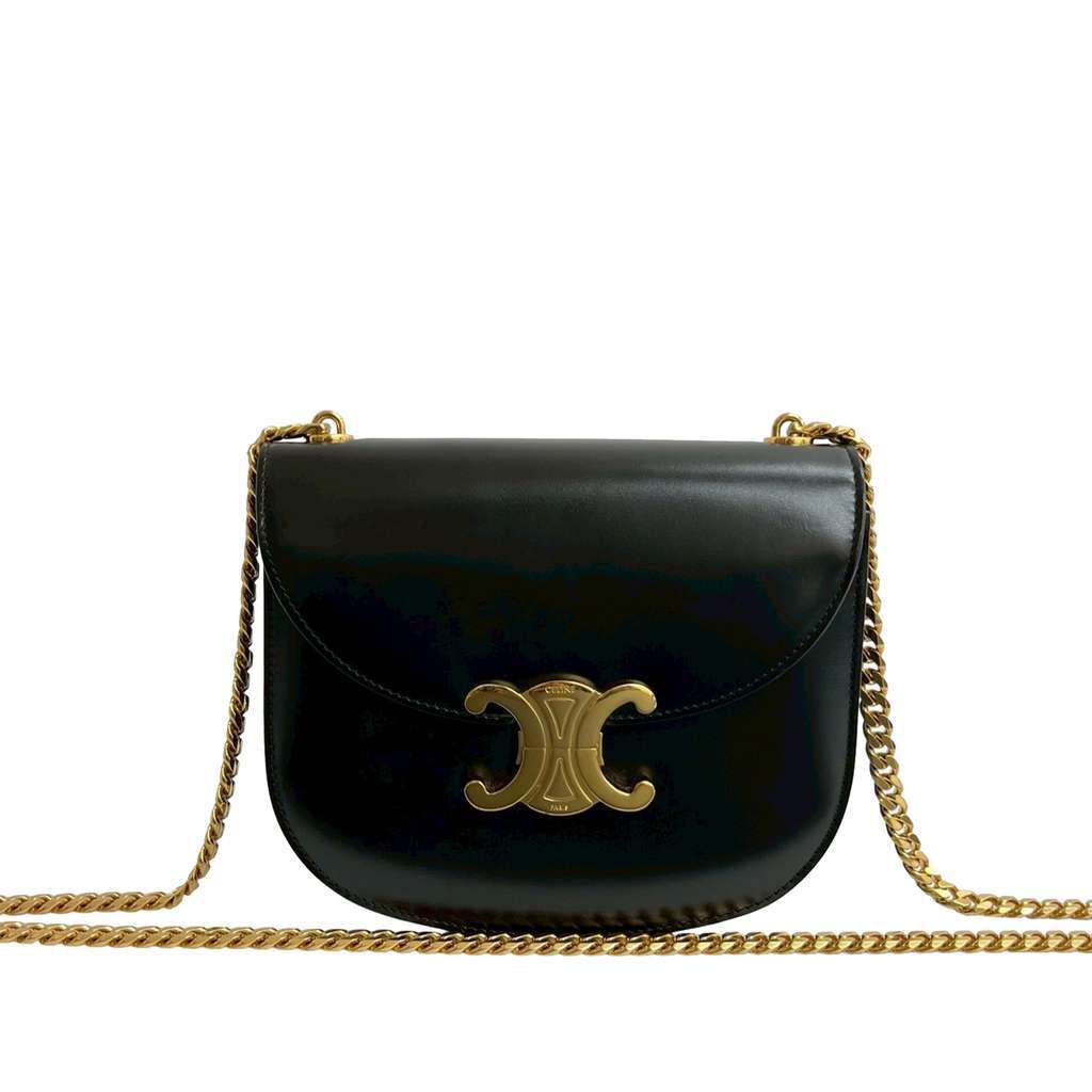 Celine Teen Shiny Calfskin Triomphe Besace Clea Chain Crossbody Black Leather Very good condition - Front View