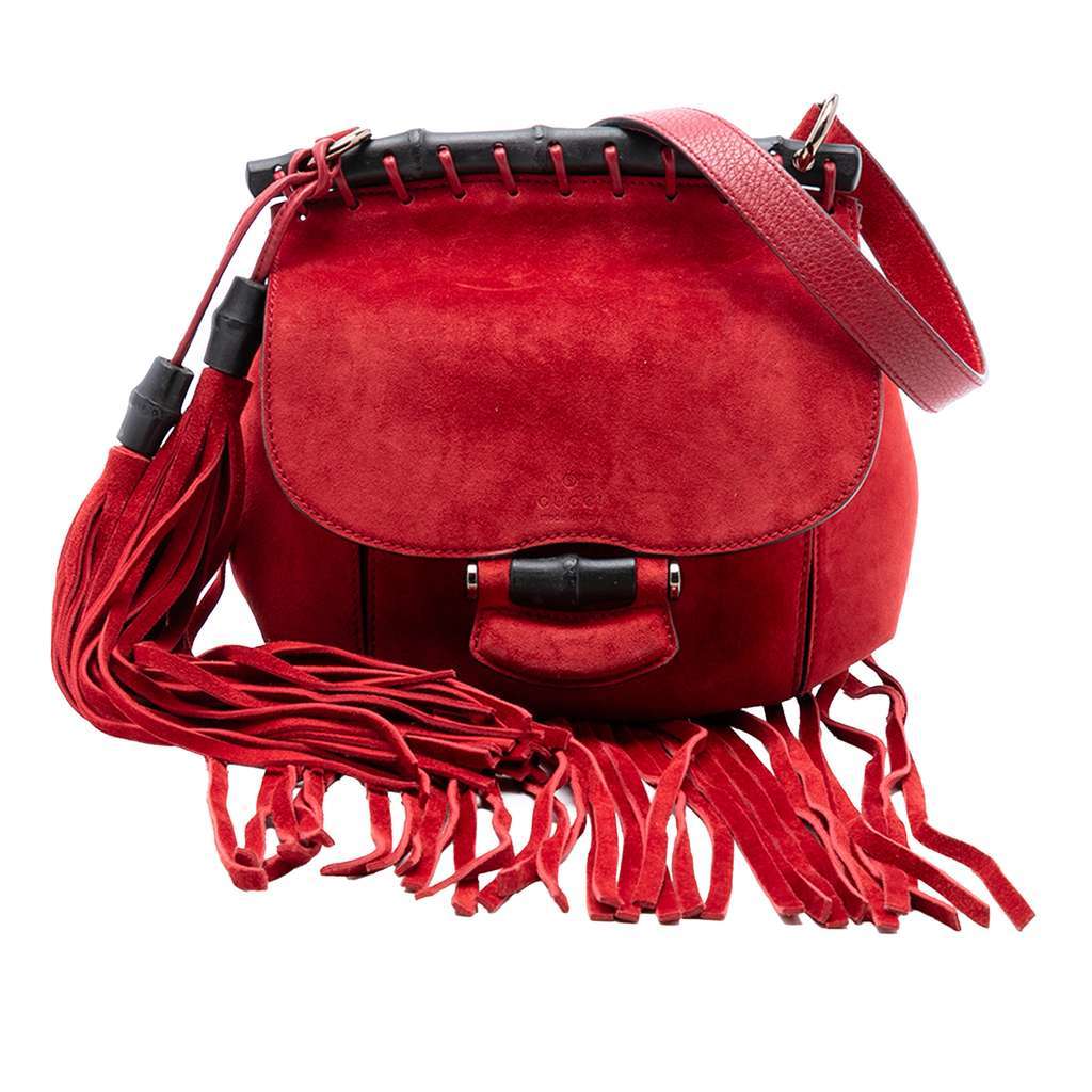 Gucci Small Suede Bamboo Nouveau Fringe Crossbody Red Leather Very good condition - Front View