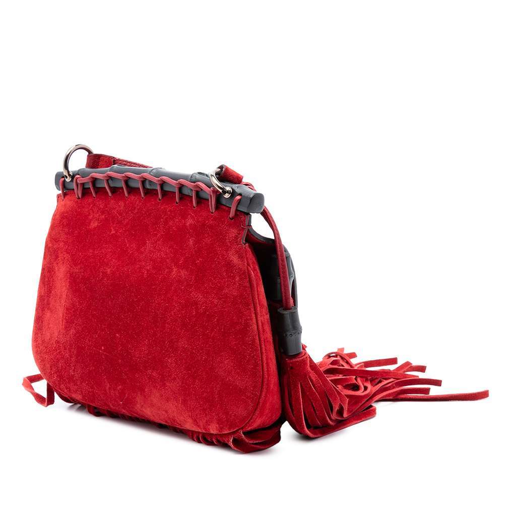Gucci Small Suede Bamboo Nouveau Fringe Crossbody Red Leather Very good condition - Back View
