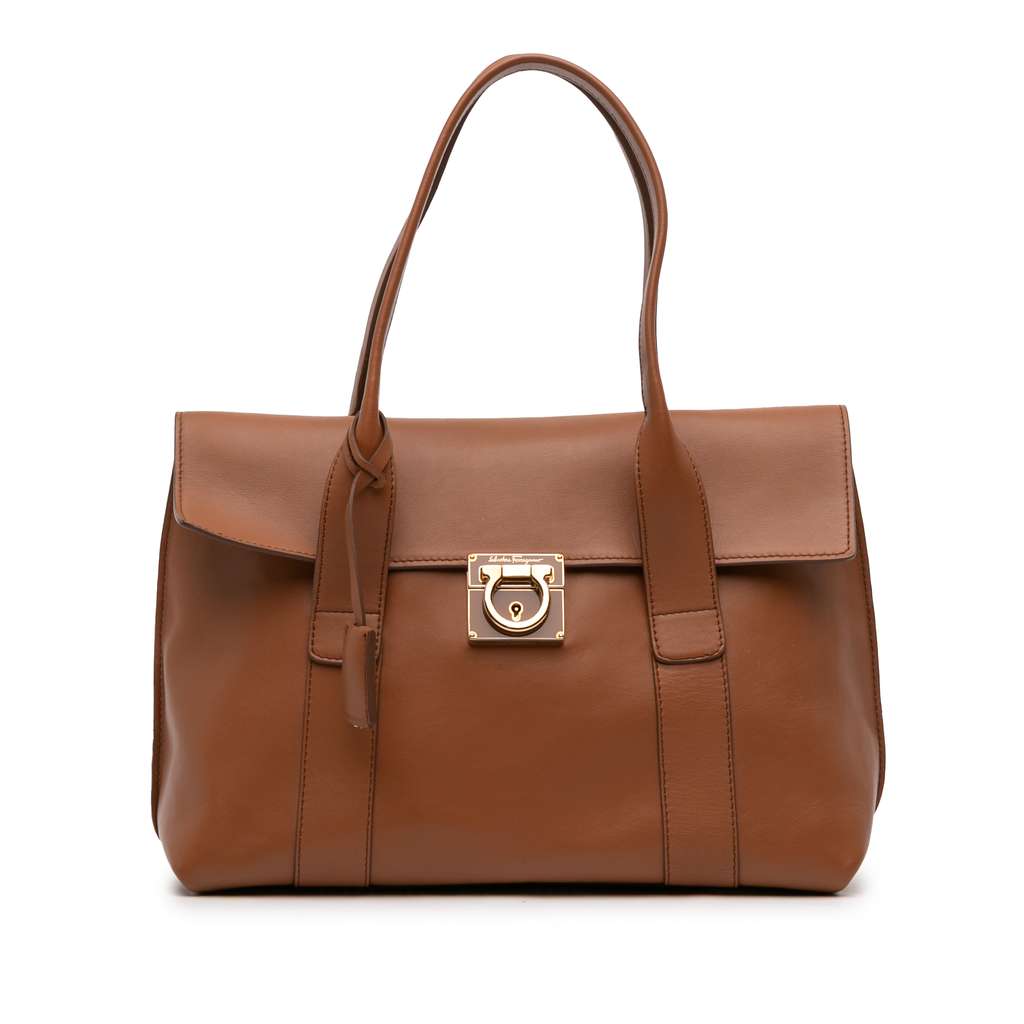 Salvatore Ferragamo Leather Gancini Sookie Tote Brown Leather Good - Front View