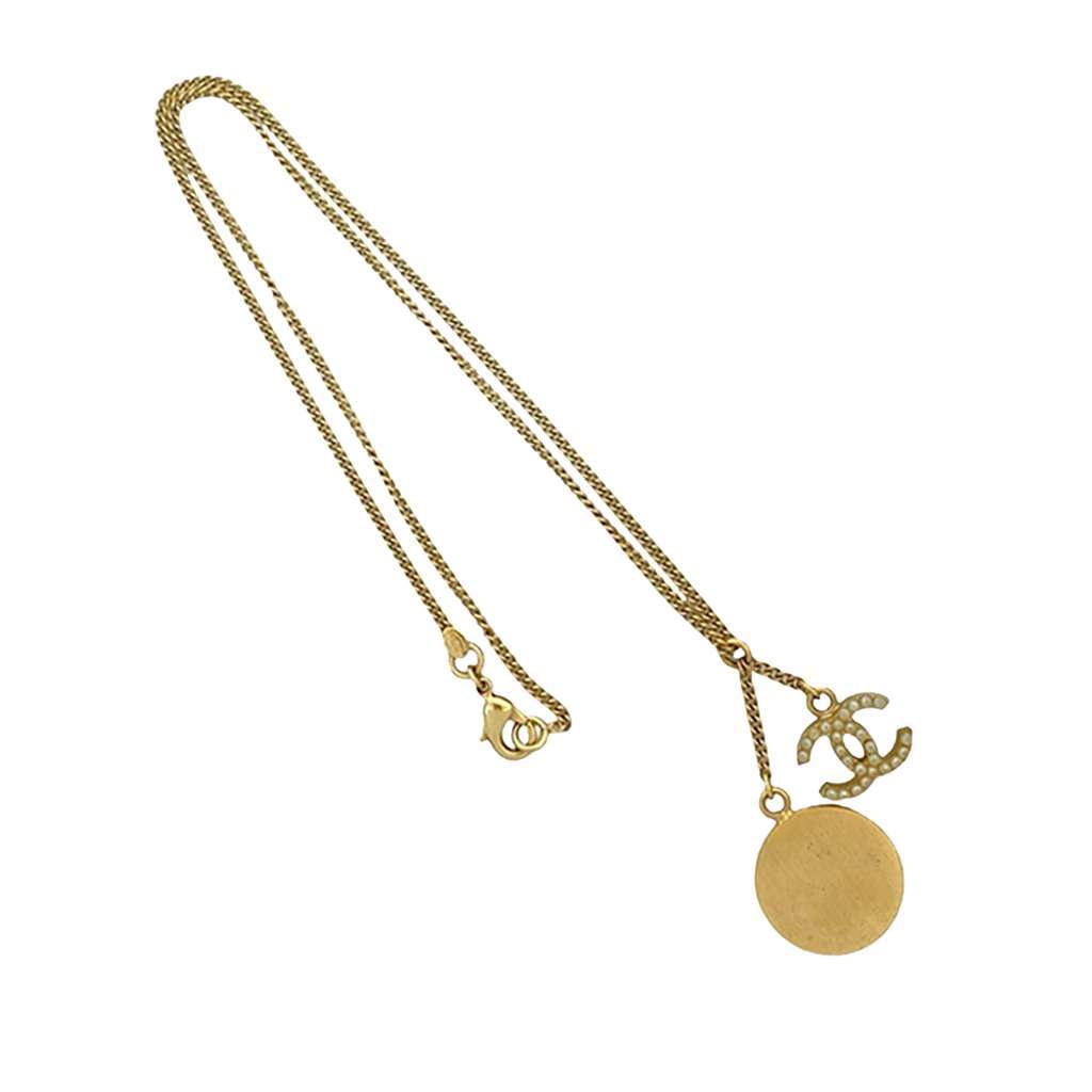 Chanel CC Gold Plated Faux Pearl Clock Pendant Necklace Gold Metal Good - Back View