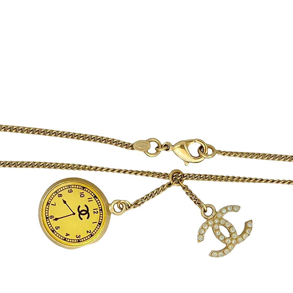 Chanel CC Gold Plated Faux Pearl Clock Pendant Necklace Gold Metal Good - Inside View