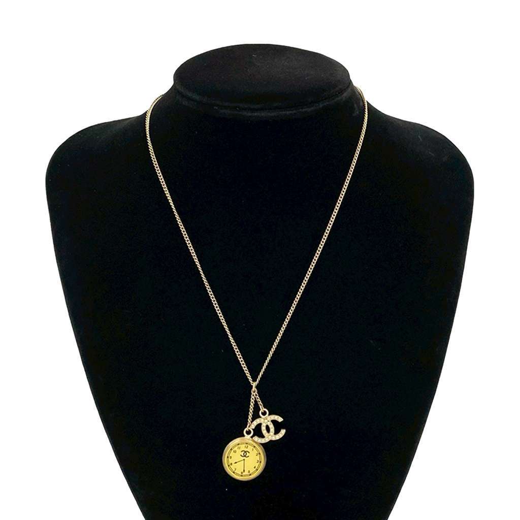Chanel CC Gold Plated Faux Pearl Clock Pendant Necklace Gold Metal Good - Box View