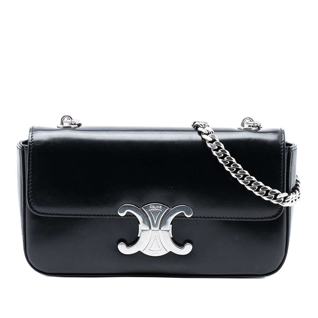 Celine Shiny Calfskin Triomphe Chain Box Shoulder Bag Black Leather Very good condition - Front View
