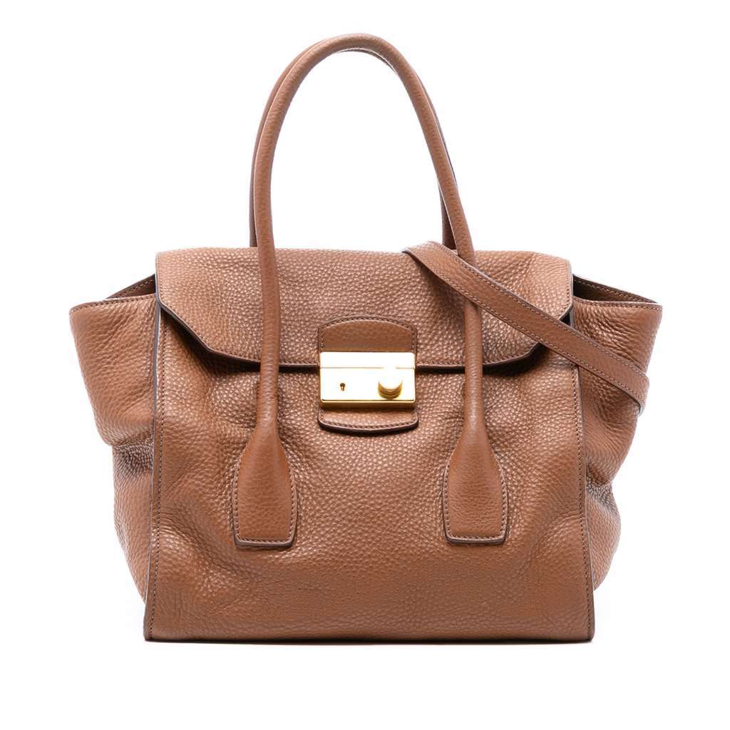 Prada Vitello Daino Sound Lock Satchel Brown Leather Very good condition - Front View