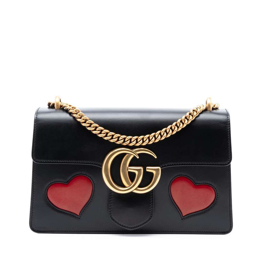 Gucci Medium GG Marmont Leather Malaga Kid Heart Patch Chain Flap Black Leather Very good condition - Front View