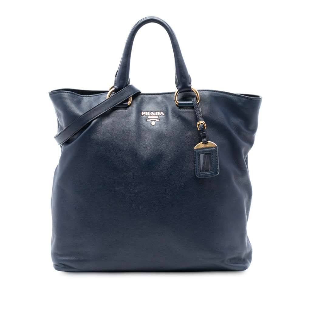 Prada Soft Calf Open Convertible Tote Blue Leather Very good - Front View