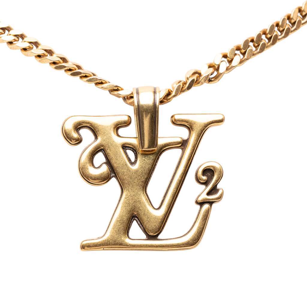 Louis Vuitton Nigo Gold Plated Squared Logo Pendant Necklace Gold Metal Very good condition - Back View
