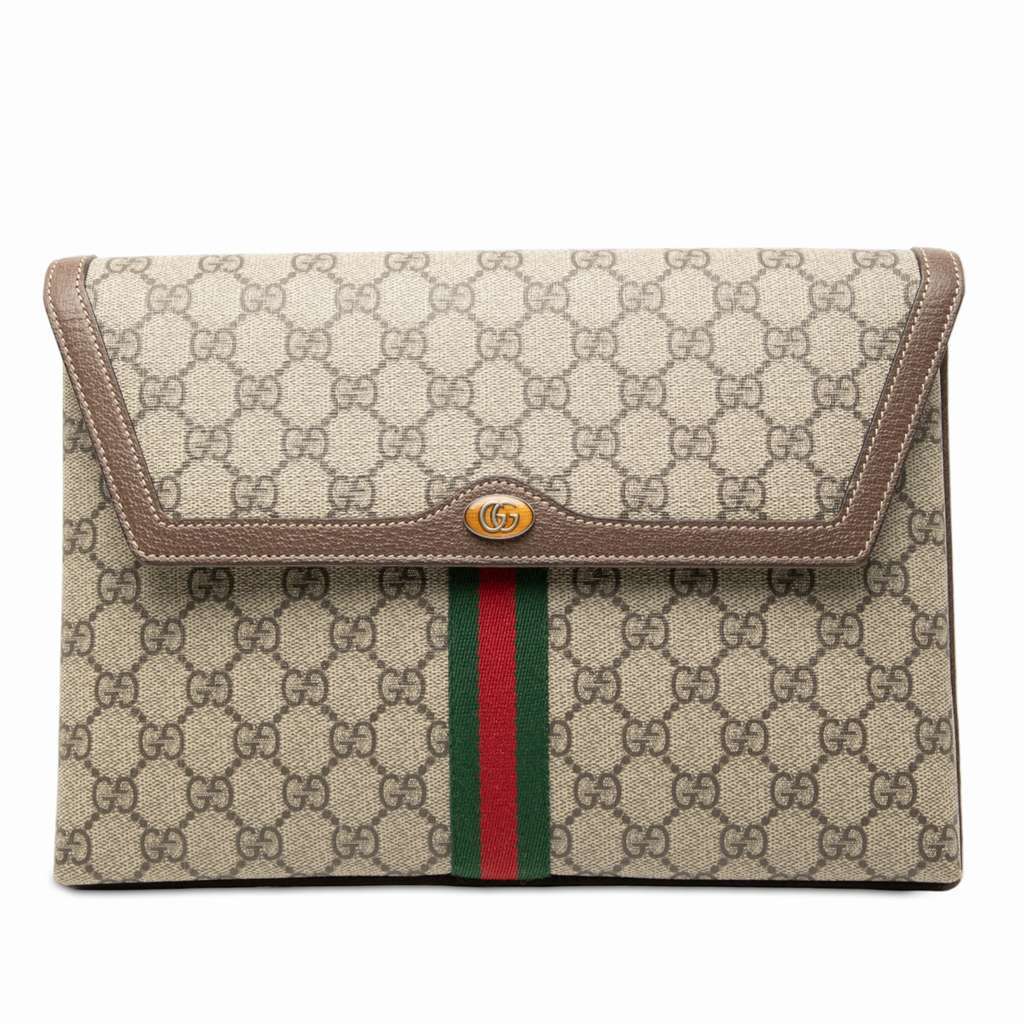 Gucci GG Supreme Web Ophidia Flap Clutch Brown Canvas Good - Front View