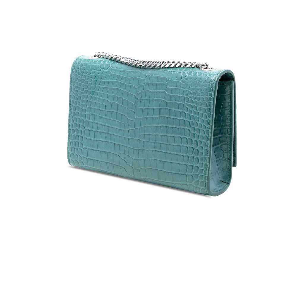 Saint Laurent Small Croc Embossed Leather Monogram Kate Tassel Crossbody Blue Leather Good - Back View