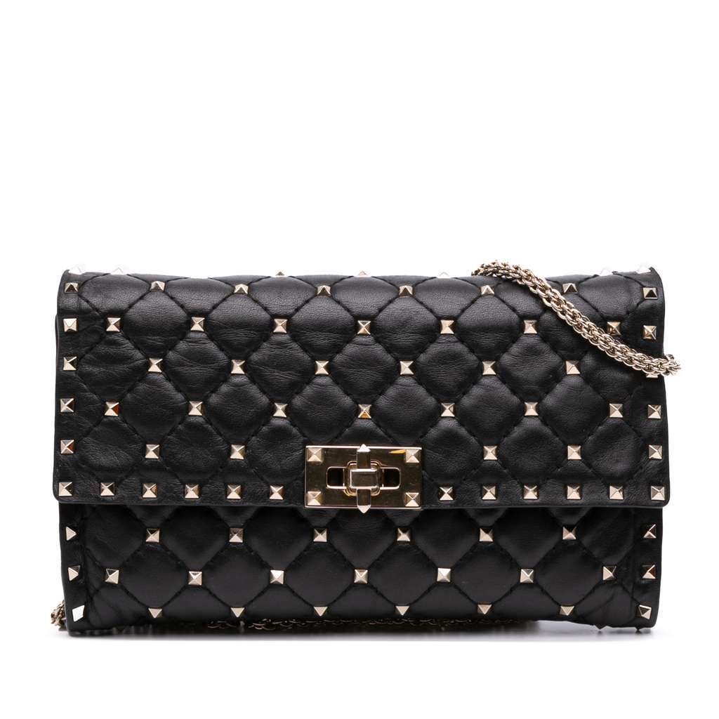 Valentino Nappa Rockstud Spike Wallet On Chain Black Leather Good - Front View