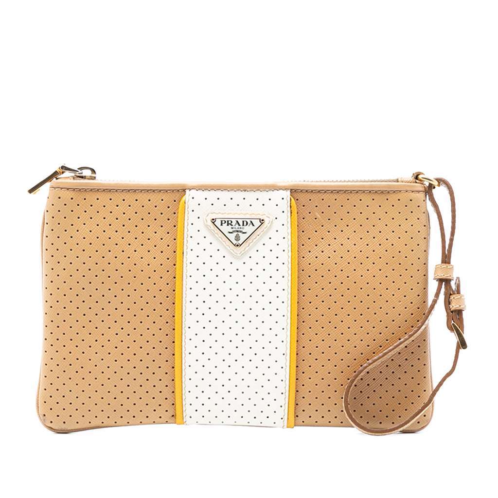 Prada Perforated Saffiano Wristlet Clutch Brown Leather Very good condition - Front View