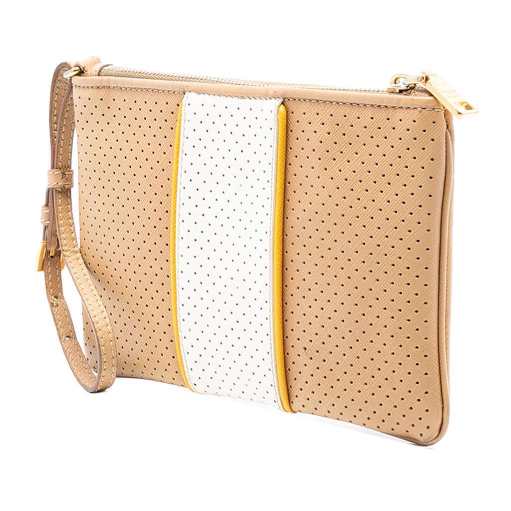Prada Perforated Saffiano Wristlet Clutch Brown Leather Very good condition - Back View